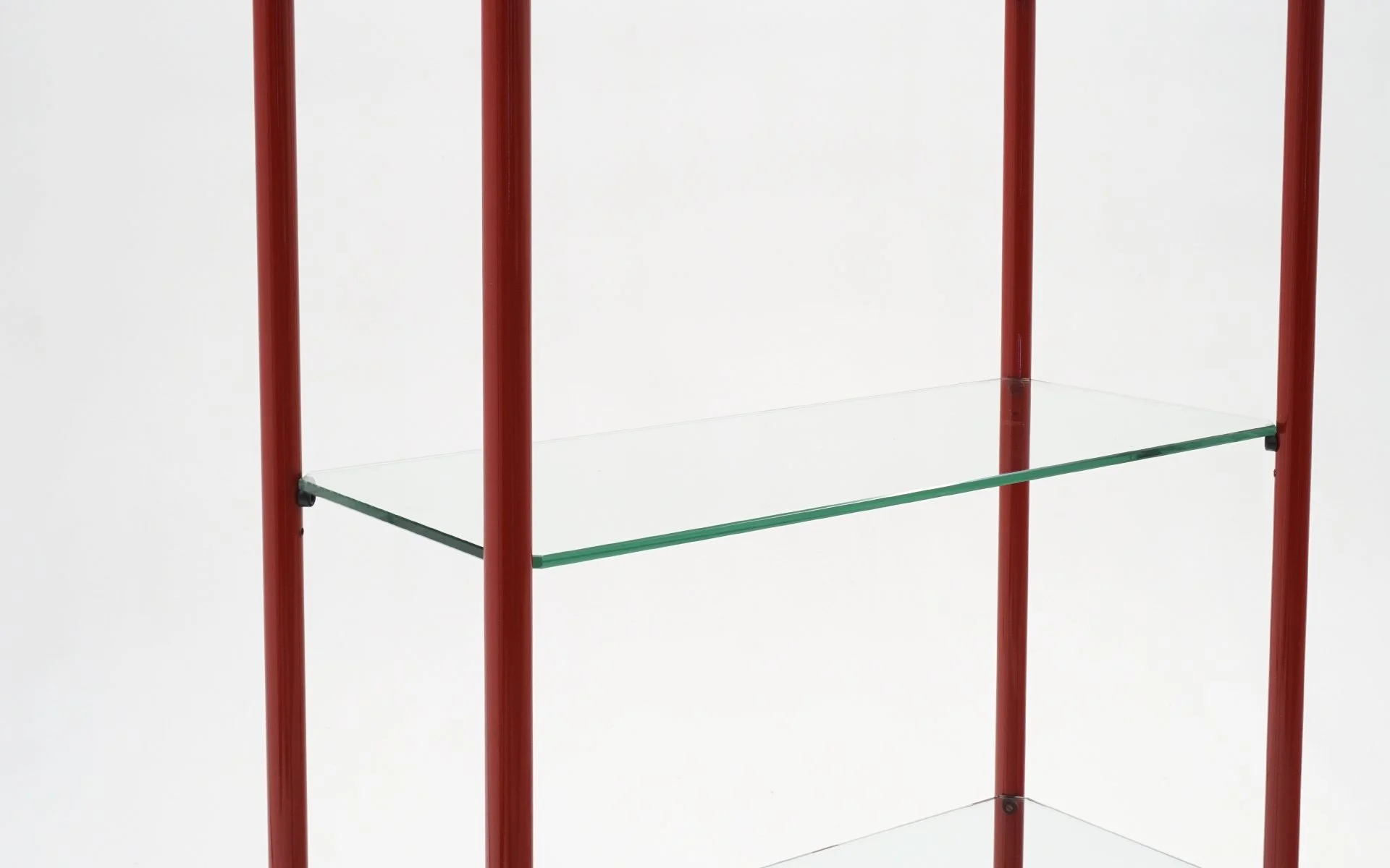 One Available. Display Shelf in Red Tubular Enameled Steel Frames